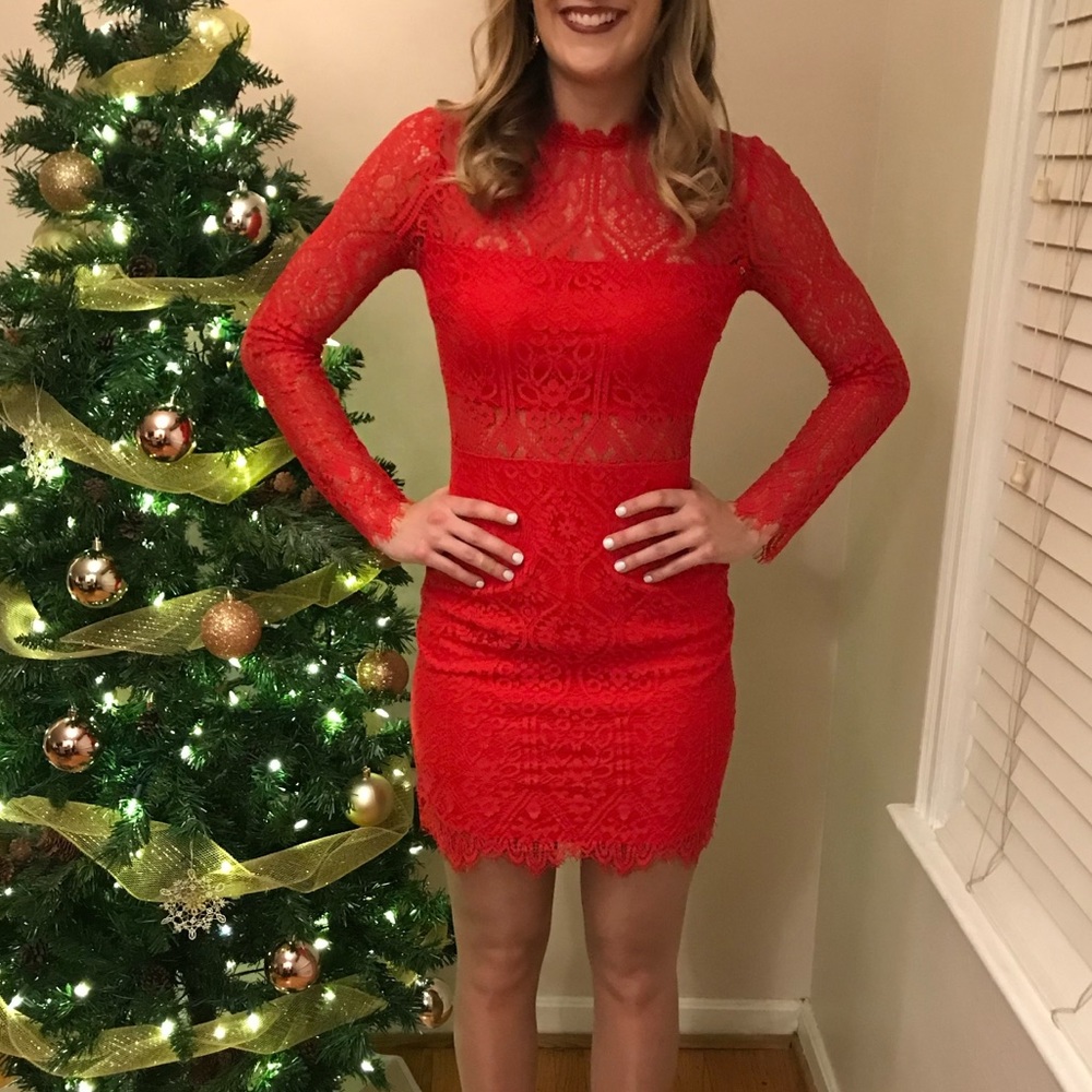 Lulu's Red Lace Long-Sleeve Mini Dress - Picture 5 of 5